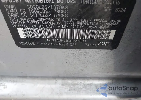 2024 Mitsubishi Mirage Es/Le z USA, uszkodzony, nr VIN ML32AUHJ8RH027393